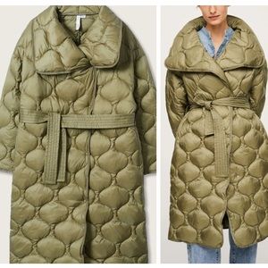 MANGO oversized quilted olive green coat with belt zara competitor brand